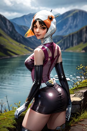 ANI_CLASSIC_jun_gatchaman_ownwaifu, facial portrait, sexy stare, smirked, on top of hill, forest below, lake, cloudy sky, butt shot 