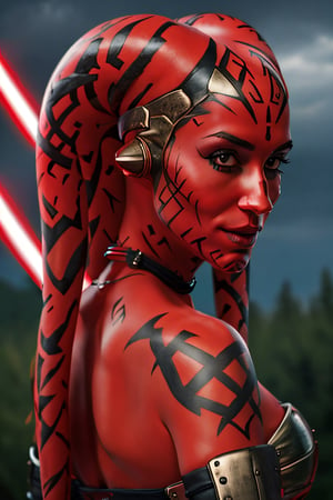 DarthTalon, facial portrait, sexy stare, smirked, dark forest, cloudy sky, lightning, ,Twilek, red light saber on hand, 