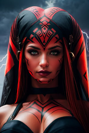 DarthTalon, facial portrait, sexy stare, smirked, dark forest, cloudy sky, lightning, 