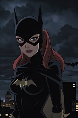 Batgirl, facial portrait, sexy stare, smirked, on top of building, city below, cloudy sky, lightning, full moon, bats flying 