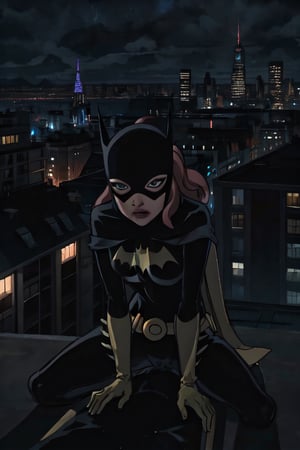 Batgirl, naked, facial portrait, sexy stare, anal portrait, Spreading legs, on top of building, city below, cloudy sky, lightning, full moon, bats flying, riding sex scene, 