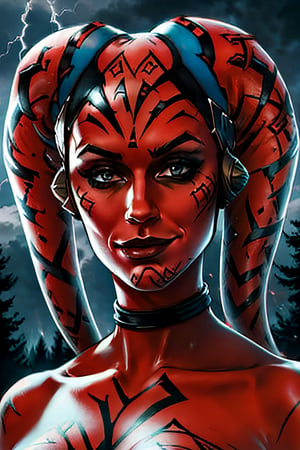 DarthTalon, facial portrait, sexy stare, smirked, dark forest, cloudy sky, lightning, ,Twilek