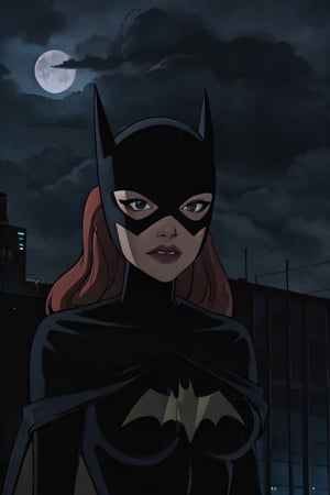 Batgirl, facial portrait, sexy stare, smirked, jumping from building, city below, cloudy sky, lightning, full moon, bats flying,  