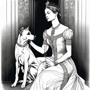 A delicate pencil line traces the outline of a domineering queen, her elegant posture exuding confidence, her slender fingers wrapped around a silver chain leading to her loyal dog collared companion; the subtle shading accentuates the contrast between their roles, while the loose strokes convey the tension between them.