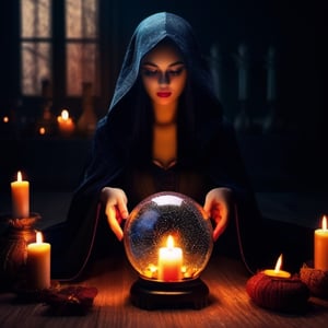 A mystical and captivating illustration of a fortune teller who is also a witch. She is sitting on the floor of her magic tent,surrounded by candles,books,and potions. She is wearing a dark cloak and a hat with a moon symbol. She is gazing into her crystal ball,which is glowing with a bright and colorful light that reflects her magical powers. The style is artistic and highly detailed,with rich textures and shadows.