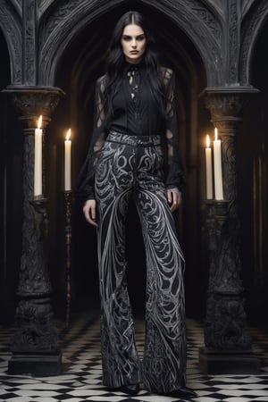 Gothic woman in a rebellious or defiant manner, with intricately detailed trousers that ripple down as a visual clue, forming an intricate pattern dripping with candle wax. The trousers can be shown in shades of dark grey and black to emphasize the style. The entire scene is effortlessly streamed in black and white or be marked in shades of grey to create a sinister and alluring look.
