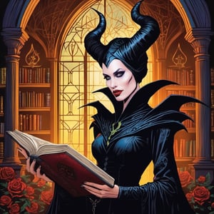 As Maleficent Morbana delves deeper into the darkest corners of a forgotten library, she discovers a mysterious tome containing ancient, forbidden knowledge and the potential to unlock unimaginable power. The sinister text entices her with promises of unparalleled darkness and malevolence, luring her closer to the brink of ultimate destruction. The pages are adorned with intricate, gothic illustrations that seem to come alive with every turn, hinting at the dark magic that lies within.,High detailed ,Color magic,Saturated colors,Monster