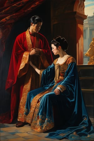 Painting style, In a dimly lit chamber, a regal woman draped in velvet robes commands her obedient servant, her eyes gleaming with authority, her hand resting on his bowed head; the warm hues of red and gold contrast against the cool blues, emphasizing their power dynamic