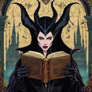As Maleficent Morbana delves deeper into the darkest corners of a forgotten library, she discovers a mysterious tome containing ancient, forbidden knowledge and the potential to unlock unimaginable power. The sinister text entices her with promises of unparalleled darkness and malevolence, luring her closer to the brink of ultimate destruction. The pages are adorned with intricate, gothic illustrations that seem to come alive with every turn, hinting at the dark magic that lies within.,High detailed ,Color magic,Saturated colors
