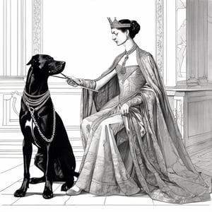 A delicate pencil line traces the outline of a domineering queen, her elegant posture exuding confidence, her slender fingers wrapped around a silver chain leading to her loyal dog collared companion; the subtle shading accentuates the contrast between their roles, while the loose strokes convey the tension between them.