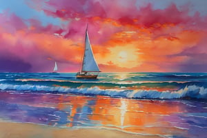 The sunset over the serene ocean, its vibrant hues of orange, pink, and purple casting a warm glow on the gently rolling waves. Seagulls soar gracefully overhead, their cries echoing across the tranquil scene. The salty ocean breeze carries the scent of sea salt and coastal blooms, mingling with the sounds of the ocean's rhythmic ebb and flow. A lone sailboat drifts lazily in the distance, its white sails billowing in the soft sea breeze. The sky above is painted with a myriad of colors, from the deep blues of the approaching night to the fiery oranges of the setting sun. The scene is one of peaceful serenity, a testament to the beauty and majesty of nature.