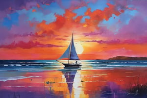 The sunset over the serene ocean, its vibrant hues of orange, pink, and purple casting a warm glow on the gently rolling waves. Seagulls soar gracefully overhead, their cries echoing across the tranquil scene. The salty ocean breeze carries the scent of sea salt and coastal blooms, mingling with the sounds of the ocean's rhythmic ebb and flow. A lone sailboat drifts lazily in the distance, its white sails billowing in the soft sea breeze. The sky above is painted with a myriad of colors, from the deep blues of the approaching night to the fiery oranges of the setting sun. The scene is one of peaceful serenity, a testament to the beauty and majesty of nature.