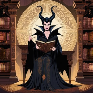 Maleficent Morbana, the Mistress of All Evil, stands in the center of an ancient library, her eyes fixed on a mysterious tome that rests on a nearby pedestal. The tome is bound in black leather and adorned with strange symbols and runes. It exudes an aura of forbidden knowledge and untold power.