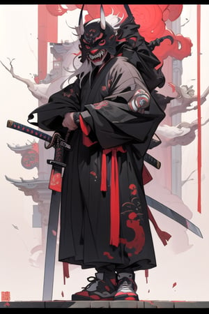 masterpiece, best quality, 1man, wear oni mask,scary face, long hair, white hair, tree, stairs, standing, streetwear outfit, sky, temple, looking at viewer, full body, bring katana, looking side,weapon