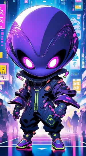 Anime, chibi alien in stylish japanese jumpsuit, carries cyberpunk vibe, pointing to viewer,simple background, ask for ready ,dynamic move, active, explosive light, white&purple,  art,  detailed artwork, high_resolution