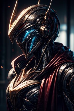 (masterpiece, best quality) extremely detailed, intricately detailed, ((portrait)), 1_boy, ((robot, wizard,assasin)), (Steel armor, dark red trim, red cloth attachments :1.2, blue cloak), glowing eyes, chiaroscuro lighting, ray tracing, polished, high resolution, volumetric lightning, ,WARFRAME,medieval armor,mech4rmor,Cyberpunk