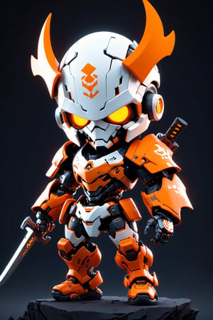 (masterpiece, best quality:1.5), EpicLogo, Halloween armor, robot, orange armor, white face, look on viewer, grimm style, central view,chibi, scary, hues, Movie Still, cyberpunk, full body, grab sword, cinematic scene, intricate mech details, ground level shot, 8K resolution, Cinema 4D, Behance HD, polished metal, shiny, data, white background, high_resolution 