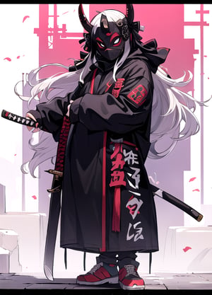 masterpiece, best quality, 1man, wear oni mask, long hair, white hair, tree, stairs, standing, streetwear outfit, sky, temple, looking at viewer, full body, bring katana, looking side,