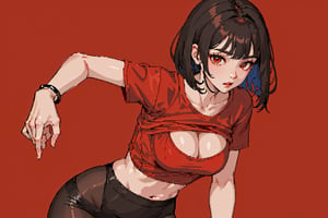 (masterpiece:1.2, best quality), 1lady, solo, (upper body),
Elegant and casual red tshirt with simple designs,(red theme)
,night city background,
sleek bob,black_hair,red arm_bracelet,sexy,visible v line ,visible waist,wearing pantyhose,cleavage,leaning_forward,pixel_art