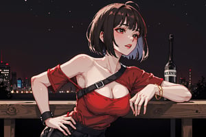(masterpiece:1.2, best quality), 1lady, solo, (upper body),
Elegant and casual red tshirt with simple designs,
,outdoor,night time,
sleek bob,black_hair,red arm_bracelet,sexy,visible v line ,visible waist,wearing pantyhose,cleavage,leaning_forward,pixel_art
