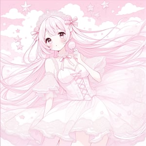 anime girl, big breast, long loosen straight pastel pink hair, anime irregular bangs, hair in the cheeks. pink cute big eyes. cute face. White/fair skin with pink contours, wearing color light pink, white, cute clothes, pink dress, fluffy, lace, ribbon, pastel pink background, clouds candies, flowers, dreamy, magical girl, magical world, more detail XL, elegant art style