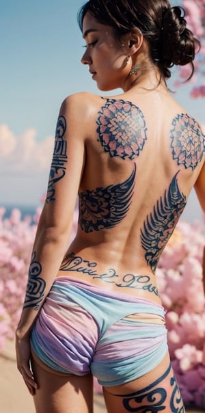 (1girl:1.2, body covered in tattoo, words on body:1.1, tattoos of (words) on body:1.2), (masterpiece:1.4, best quality), big breasts, unity 8k wallpaper, ultra detailed, (pastel colors:1.3), alluring pose, upper body, ass, beautiful and aesthetic, see-through (clothes), detailed, solo