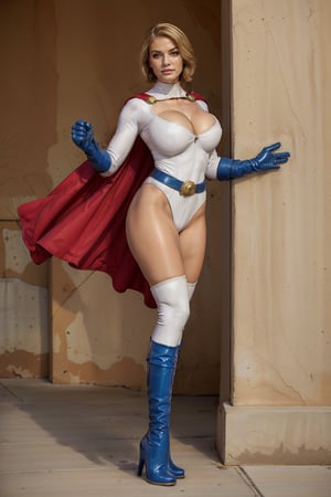 (Power girl:1.2), (power girl DC), (blonde hair), (bob cut), white latex, (elbow length gloves:1.2), cleavage, skin tight, (leotard), (cleavage hole), (cleavage circle), (boob window), (white latex), shiny, (green boots:1.2), (high-heel boots), (thigh high boots), (white leotard), (blue gloves:1.2), (red cape), (sash cape), (blue boots), (red belt:1.2), (Gigantic breasts), (gigantic cleavage), (muscular woman:1.2), (gigantic breasts), (huge breasts), high detail, long legs, (Gigantic breasts), (Massive breasts), (muscular woman:1.2), huge breasts, high detail, long legs, (athletic woman), (very tiny waist:1.4), Beautiful detailed face, best quality, (layered hair), tiny waist, firm lips, full lips, thin waist, Big breasts, sanpaku eyes, high resolution, high quality, Hair over eyes, ,powergirl