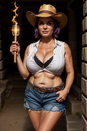 Cowboy shot, (masterpiece, high quality, illustration) Wide angle, Inside a dark ancient Aztec temple, 1girl, mature female, (huge breasts), sagging breasts, purple hair, perfectly explained hands,perfect fingers, plump, wide hips, thick thighs, (taut_clothes), sleeveless white button shirt, taut buttons, tucked_in_shirt, cleavage, bursting_breasts, brown shorts, skindentation, holding up one large wooden torch, (Indiana Jones Hat), covered in dirt, concerned
