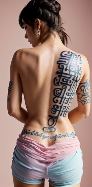 (1girl:1.2, body covered in words, words on body:1.1, tattoos of (words) on body:1.2), (masterpiece:1.4, best quality), medium breasts, unity 8k wallpaper, ultra detailed, (pastel colors:1.3), alluring pose, upper body, ass, beautiful and aesthetic, see-through (clothes), detailed, solo