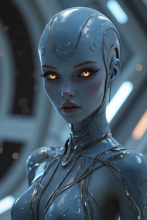 A close-up 3D render of an extraterrestrial beauty woman, her flawless, otherworldly features highlighted against the backdrop of a sleek, metallic spaceship deck. Her glowing, ethereal eyes and intricate, alien makeup are accentuated by the soft, ambient glow of distant stars. The scene captures her confident expression and elegant, high-tech attire, with the ship's futuristic elements subtly visible in the background. The composition focuses intensely on her captivating presence, drawing attention to her unique, intergalactic beauty.