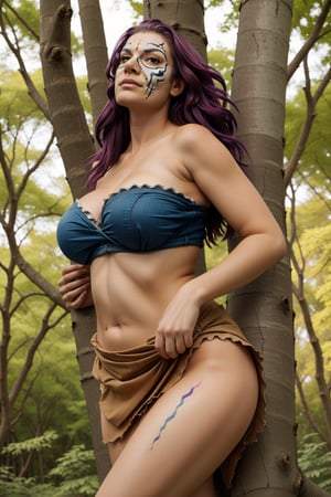 Cowboy shot, (masterpiece, high quality, illustration) Wide angle, up a giant tree, 1girl, mature female, (huge breasts), sagging breasts, purple hair, perfectly explained hands,perfect fingers, plump, wide hips, thick thighs, (taut_clothes), (brown strapless tube top), (brown short skirt), exposed stomach, (torn_clothes), body covered in tribal paint, coyote skull mask, long purple hair, standing on a tree branch,BreastLift