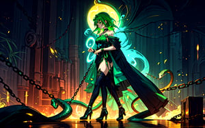A voluptuous peacful woman, vibrant green eyes, pretty eyes, looking towards the viewer, side view, snake hair, flowing emerald green hair, very long hair, very loose hair, only 2 hands with 5 fingers on each hand, only 2 legs with 5 fingers on each leg, dirty body, alone, snake tattoos all over the body, walking, outdoors, night, dark night forest, chains all over the body, rusty chains, broken chains, many chains, dark green flowers, coiling serpent pendant graces her neck, dark green shimmering leaves cloak, dark green gown adorned with leaf patterns, full body view, dark green outfit, outfit until her neck, outfit below her knees, bigger background, huge background, big background view, casting a spell, full dress, 
(fractal art:1.3)
(extremely detailed CG unity 8k wallpaper), (masterpiece), (best quality), (ultra-detailed), (best illustration),(best shadow), (an extremely delicate and beautiful), fine detail, (bloom), (shine),  Beautiful, detailed eyes, (waifu, anime, exceptional, best aesthetic, new, newest, best quality, masterpiece, extremely detailed),Ranni,cracked skin, blue skin