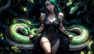 A voluptuous peacful woman, vibrant green eyes, looking towards the viewer, very messy hair, flowing emerald green hair, very long hair, very loose hair, only 2 hands with 5 fingers on each hand, only 2 legs with 5 fingers on each leg, dirty body, alone, snake tattoos all over the body, walking, outdoors, night, dark night forest, chains all over the body, rusty chains, broken chains, many chains, Green flowers, coiling serpent pendant graces her neck, shimmering leaves cloak, gown adorned with leaf patterns,

 (extremely detailed CG unity 8k wallpaper), (masterpiece), (best quality), (ultra-detailed), (best illustration),(best shadow), (an extremely delicate and beautiful), fine detail, (bloom), (shine),  Beautiful, detailed eyes, (waifu, anime, exceptional, best aesthetic, new, newest, best quality, masterpiece, extremely detailed)