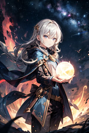 (the most powerful wizard, holding a magic complex sphere, serious mood), casting a powerful magic, sparky magic-energy, strong wind, ky full of stars and nebula background::1.3, colorful detailed magic effect::1.2, complex_background, midjourney-style, midjourney