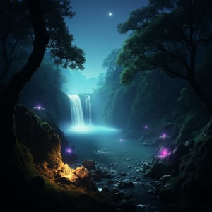 digital render of mystical place deep on the forest, watefall, lake, fireflys, rock path,noc-landscape