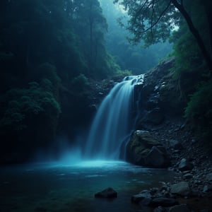 digital render of mystical place deep on the forest, watefall, lake, fireflys, rock path,noc-landscape