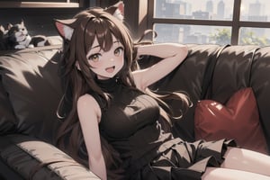 (vibrant colors, female, masterpiece, sharp focus, best quality, depth of field, cinematic lighting, ((solo, one woman )), (illustration, 8k CG, extremely detailed), masterpiece, ultra-detailed, long hair, breasts, blush, smile, open mouth, bangs, skirt, large breasts, brown hair, animal ears, bare shoulders, brown eyes, sitting, very long hair, heart, sleeveless, indoors, cat ears, black skirt, blurry, sweater, turtleneck, couch, hand on another's head, headpat, on couch