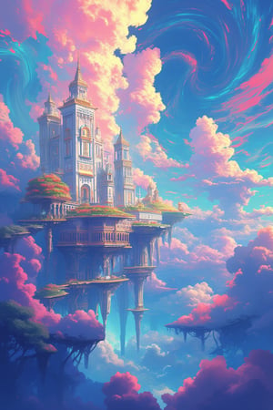 An ultra-high definition skyscape showcasing a surreal nephogram of swirling cloudpunk clouds, with a majestic fantasy city floating within them. The city features towering, crystal-like buildings and sprawling, hanging gardens that dangle over the edge of cloud-covered platforms. The clouds are drawn with bold, sharp lines, their vibrant, electric colors—deep blues, bright pinks, and glowing yellows—creating a stunning contrast against the city’s gleaming white and gold structures. The scene captures the vastness of the sky, with the clouds and city intertwining in a surreal, dreamlike dance. The intricate details of the city, from tiny, glowing windows to delicate bridges, make the scene feel immersive and fantastical, like a glimpse into a magical world.,niji