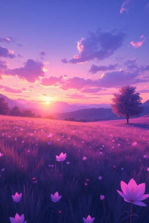 flower, outdoors, sky, cloud, tree, petals, no humans, grass, scenery, sunset, sun, field, gradient sky, high brightness and hyper coloured,niji,noc-futuristic