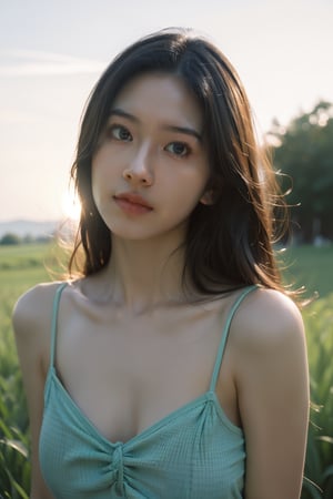 (RAW Photo,Best Quality), (HDR: 1.4),16K,Masterpiece,(extremely detailed face:1.4),(Chest shot:1.2),solo,((female)),black Straight,long hair,A-line sundress,front view,