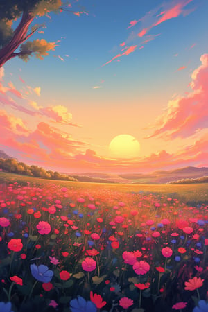 flower, outdoors, sky, cloud, tree, petals, no humans, grass, scenery, sunset, sun, field, gradient sky, high brightness and hyper coloured,niji