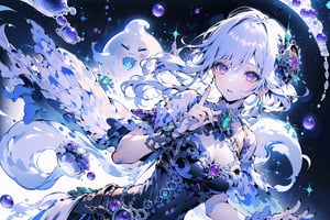 8k, (absurdres, highres, ultra detailed), (1lady), (the personification of gothic ghost), (Luis Royo), (Yoshitaka Amano), (dynamic angle, dynamic pose), (low angle, upper body), (steampunk background), amethyst, emerald, ruby, diamond