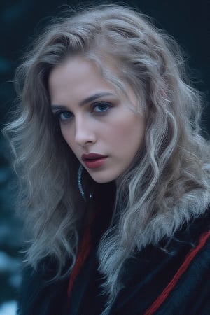 A fierce female warrior fighting in a snowy forest, in Medieval cloak, fur trimmed cloak, long hair, looking at viewer, blue eyes, simple background, (hair ornament), gem, tassel, hair between eyes, jewelry, upper body, earrings, lips, fur trim, eyelashes, portrait, beads, emo, (sharp eyes:1.4), (rebellious:1.4), (fierce:1.4), (standing: 1.2), silver-white hair, Gothic make-up, tough, wild. Kyoto Animation stylized anime, cinematic Lighting, ethereal light, intricate details, extremely detailed, incredible details, full colored, complex details, insanely detailed and intricate, hyper maximalist, gorgeous light and shadow, detailed decoration, detailed lines. Masterpiece, best quality, aerial view, HDR, UHD, unreal engine. looking at the camera, dark Fantasy background, representative, fair skin, beautiful face,A beautiful girl, blonde hair, dynamic character, detailed exquisite face, bold high quality, high contrast,art_booster,DonMS4kur4XL,photorealistic:1.3, best quality, masterpiece,MikieHara,niji