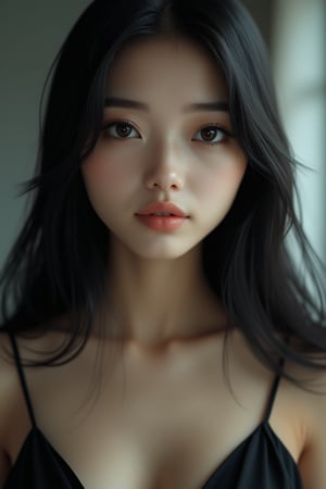 (RAW Photo,Best Quality), (HDR: 1.4),16K,Masterpiece,(extremely detailed face:1.4),(Chest shot:1.2),solo,((female)),black Straight,long hair,A-line sundress,front view,niji