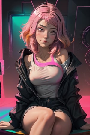 FRONTAL VIEW image of an /(Head to Shoulder portrait of a beautiful girl with pink hair), pink gradient synthwave room, Perfectly drawn Fingers, (sitting close to a pink desk), pink gradient Lighting , Centered Image, Middle Image, zen Interior design, volumetric color , flaming colors, neon pink colors, cosmos, cyber, synthwave, wearing a white t-shirt and black jacket, SFW,