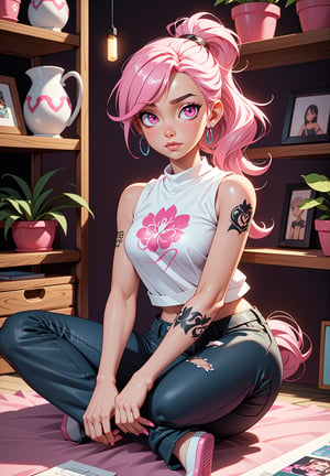 Pink Eyes, pink Eyes, pink pants, drawing, painting on paper, inks, ink pots, pink shelf((Masterpiece)), (Best Quality), Art, Highly Detailed, Extremely Detailed CG Unity 8k Wallpaper, (Curves: 0.8), (Full Body: 0.6), 3DMM, (Masterpiece, Best Quality) pink hair, long curly hair, tanned skin, tanned skin, pink eyes, sitting, white sleeveless shirt, no bra, small chest, tattoos, tattoo on the arm, sitting, drawing, jeans, black pants, cartoonist, tattoo studio , white walls, neon pink lights, neon lights, pink lights, wooden pink gradient shelf, flower pots, plants, decorative plants, window, window, city view, tattoo chair, tattoo artist, tattoo girl, 12334, Q , perfect eyes,12334