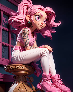 Pink Eyes, pink Eyes, pink pants, drawing, painting on paper, inks, ink pots, pink shelf((Masterpiece)), (Best Quality), Art, Highly Detailed, (Noon), Night, Extremely Detailed CG Unity 8k Wallpaper, (Curves: 0.8), (Full Body: 0.6), 3DMM, (Masterpiece, Best Quality) pink hair, long curly hair, tanned skin, tanned skin, pink eyes, sitting, Black t-hirt, no bra, small chest, tattoos, tattoo on the arm, sitting, drawing, jeans, black pants, cartoonist, tattoo studio , white walls, neon pink lights, neon lights, pink lights, wooden pink gradient shelf, flower pots, plants, decorative plants, window, window, city view, tattoo chair, tattoo artist, tattoo girl, 12334, Q , perfect eyes,12334,3DMM,facial,anime