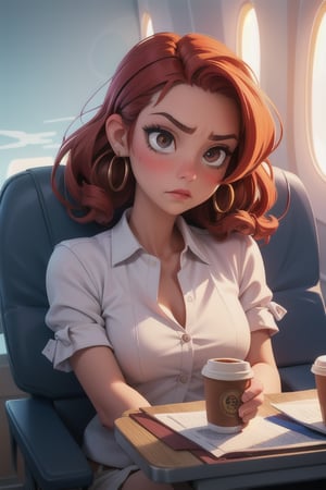 1girl, (masterpice), upper body image, best quality, high quality, high detailed, perfect body,perfect_face, high_detailed_face, siting on the aeroplane window glass, holding a coffee disposable cup, cup, holding cup, realism face, good body, small_breasts, unpleased, jealous, tired, stressed,  red_eyes, breasts, red_hair, hair ornament, red_eyeshadow, red_braided_hair, makeup ,short curls hair, lipstick ,blush ,braided_hair, female, light-skinned_female ,light_skin ,sakimichan style ,skin_contrast, photorealistic:1.37, school, clothes for travel, looking at viewer, on an aeroplane , intricate detail, detailed background, detailed skin, pore, highres, hdr, traveling