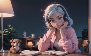 1girl, (masterpice), best quality, high quality, noon, night, high detailed, perfect body,perfect_face, high_detailed_face, realism face, good body, big_ass, small_breasts, Pink_glowing_eyes, glowing eyes and hair,  siting down next to her desk studing, wearing a Pink headphone, lofi-girl, (Wearing headphone), lofi chill out,  inside her bedroom, Night pink gradient lighting, (dog), books, lamp, pen, teddy bear on her desk, serious, lofi girl room decorations, hard light, night, facing the viewer, hair ornament, blue_glowing_hair, makeup ,long_hair, lipstick ,blush ,short_braided_hair, female, light-skinned_female ,light_skin ,skin_contrast, Pink shirt, silver covered jacket