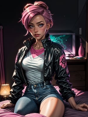 FRONTAL VIEW Image of an /(Upper body portrait of a beautiful girl with pink hair), bedroom, bed, pink gradient synthwave room, Perfectly drawn Fingers, (sitting close to a pink desk), pink gradient Lighting , Centered Image, Middle Image, zen Interior design, volumetric color , flaming colors, neon pink colors, cosmos, cyber, synthwave, wearing a white t-shirt and black jacket, SFW,3DMM,12334,cartoon ,facial